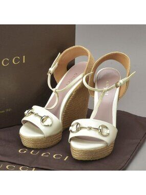 Gucci Horsebit Wedge Sole Sandals Enamel White 34